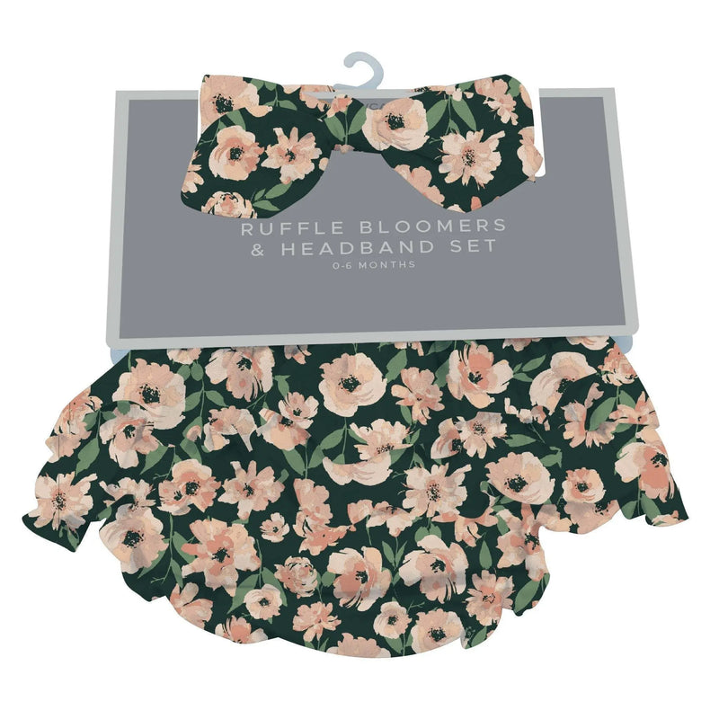 Canyon Sunset Flowers ruffle bloomers and headband set for infants, 100% bamboo, available in 0-6 months and 6-12 months.