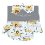 Baby ruffle bloomers and matching headband in a sunflower print from the Sunrise to Sunset collection.