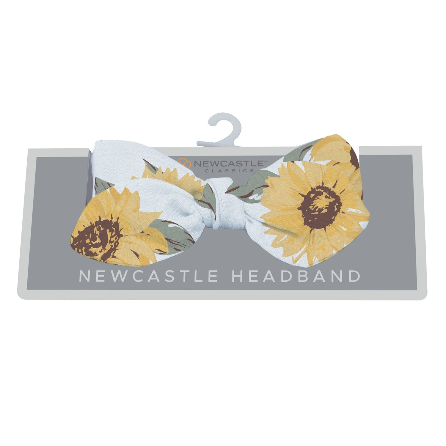 Baby headband with a sunflower print and a bow, made of bamboo fabric