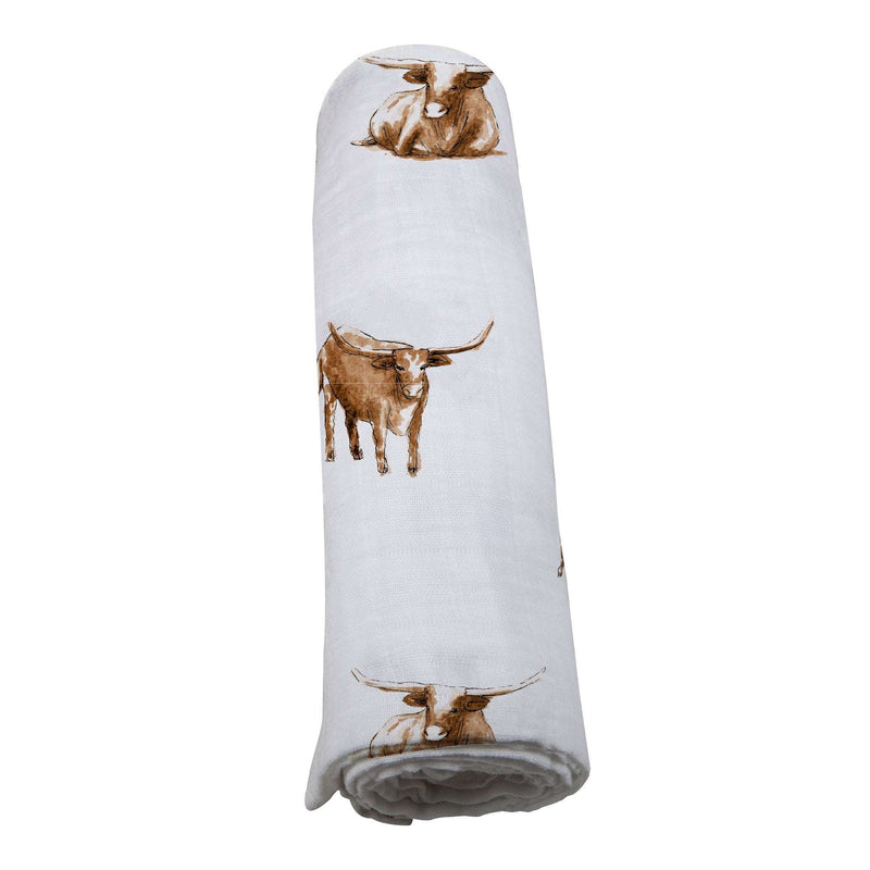 Longhorn Swaddle, soft bamboo muslin blanket with printed longhorn design.
