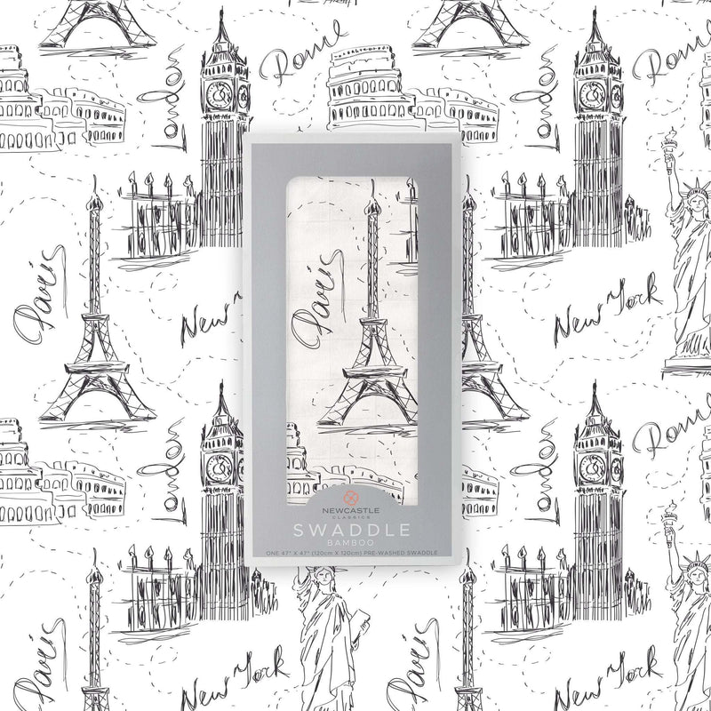 Bamboo muslin swaddle with London, Paris, New York design.