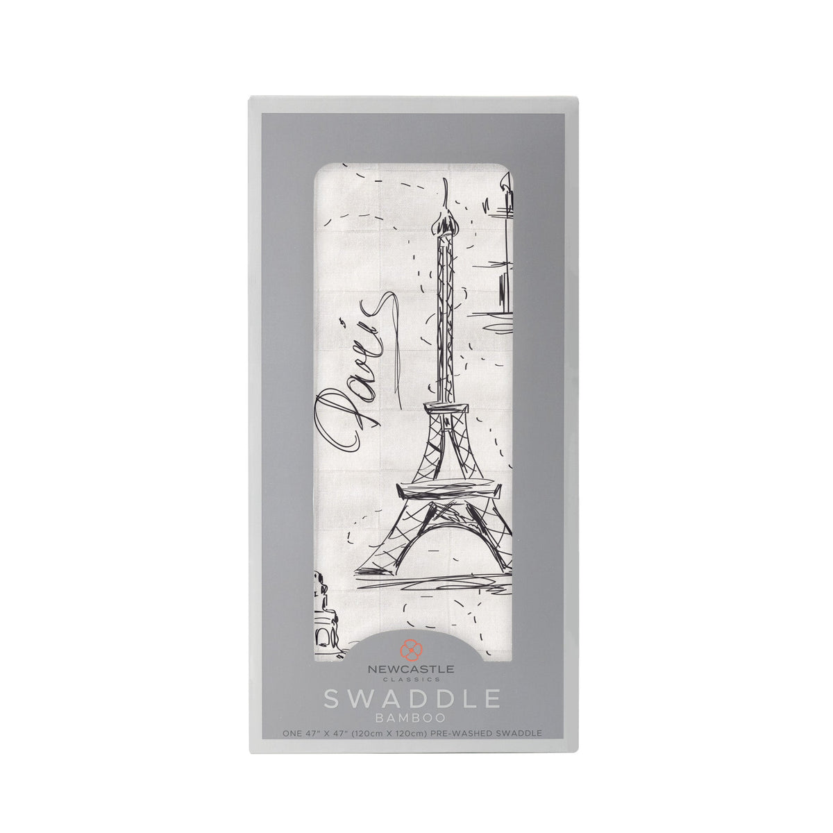 Bamboo muslin swaddle blanket printed with London, Paris, and New York landmarks and city names