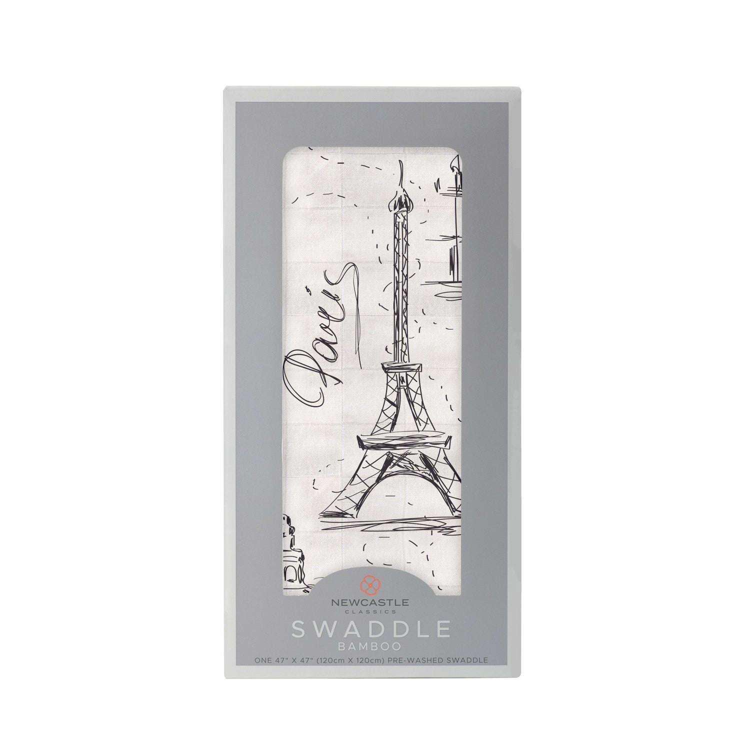 Bamboo muslin swaddle blanket printed with London, Paris, and New York landmarks and city names