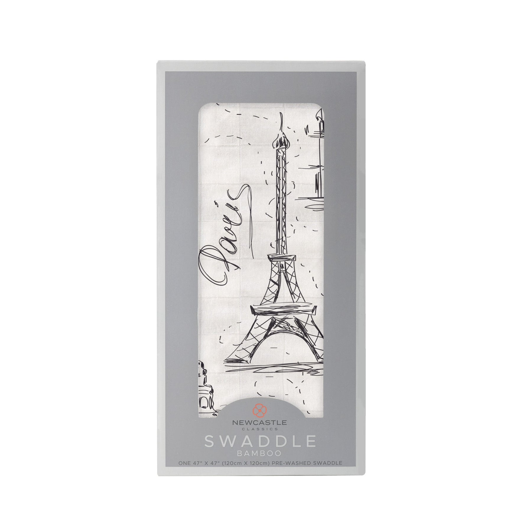 Bamboo muslin swaddle blanket printed with London, Paris, and New York landmarks and city names