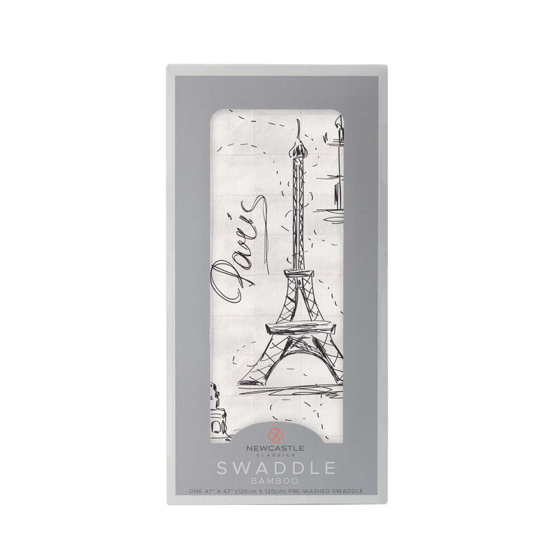 Bamboo swaddle with London, Paris, New York design in packaging.