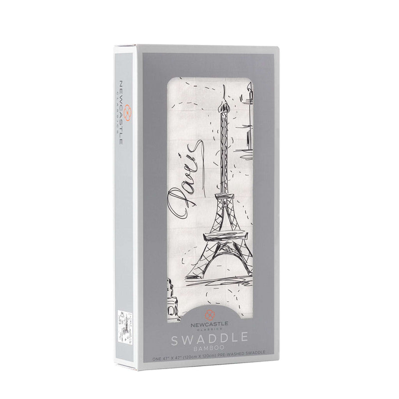 Bamboo swaddle with London, Paris, New York design in packaging.