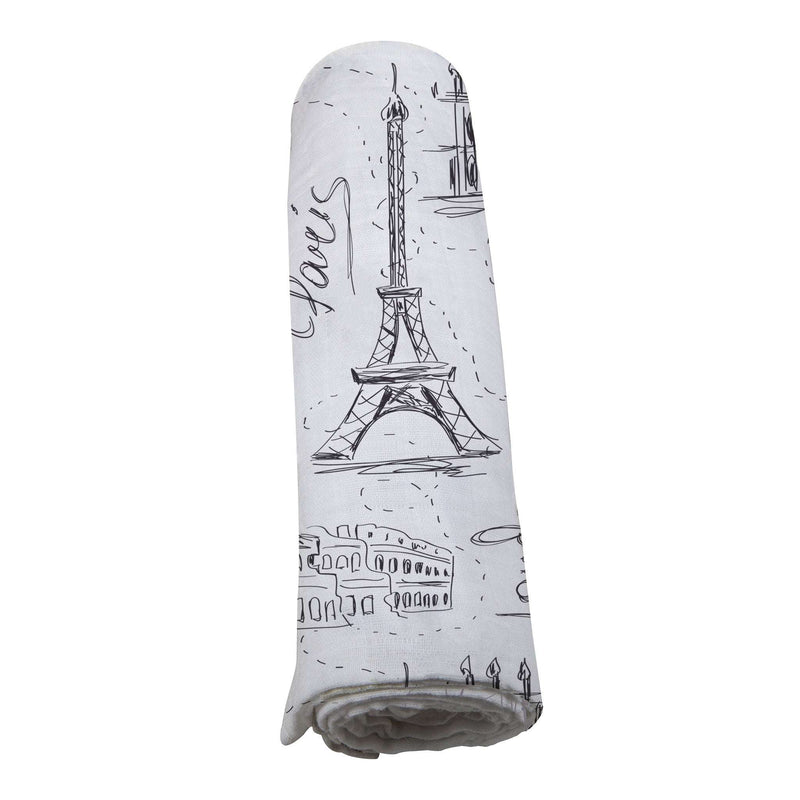 Bamboo swaddle featuring London, Paris, New York theme, made from natural bamboo muslin.