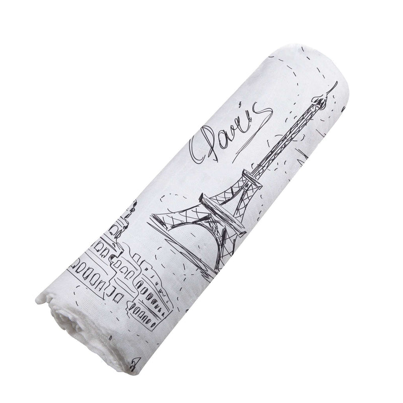 Bamboo muslin swaddle with London, Paris, New York design, soft and breathable.