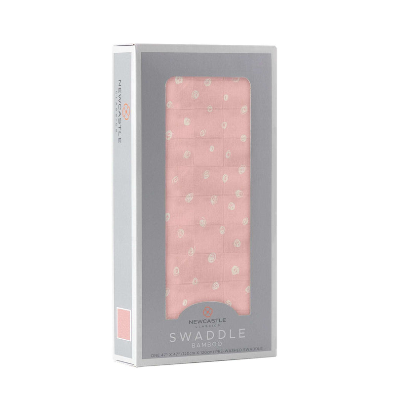 Pink Pearl Polka Dot Bamboo Swaddle in packaging, 100% natural bamboo muslin, 47"x47".