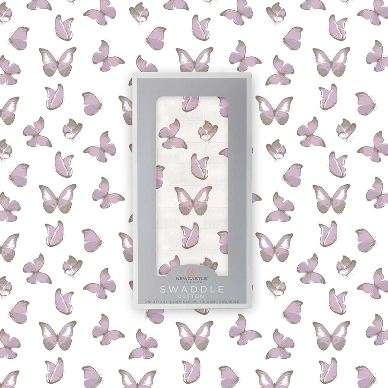 Winsome Butterflies Swaddle in soft, breathable 100% natural cotton muslin with butterfly design.
