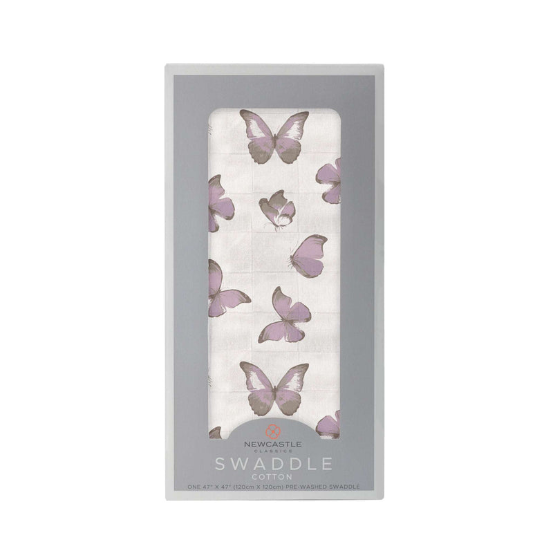 Winsome Butterflies Swaddle in breathable cotton muslin with butterfly design.