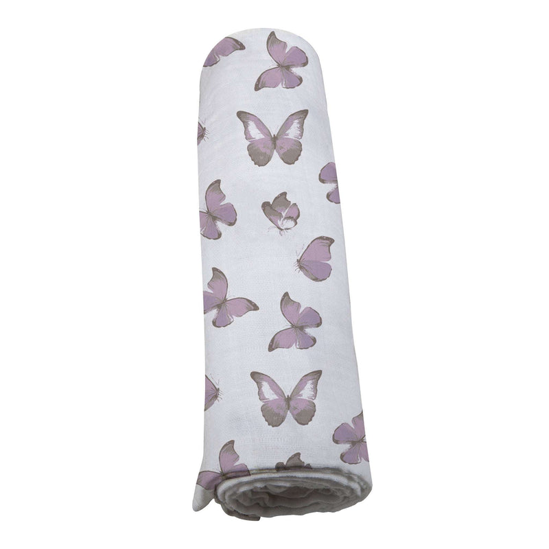 Winsome Butterflies Swaddle with butterfly print in soft, breathable, pre-washed natural cotton muslin.