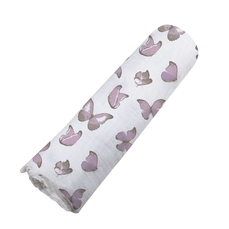 Winsome Butterflies Swaddle in breathable natural cotton muslin with butterfly pattern.