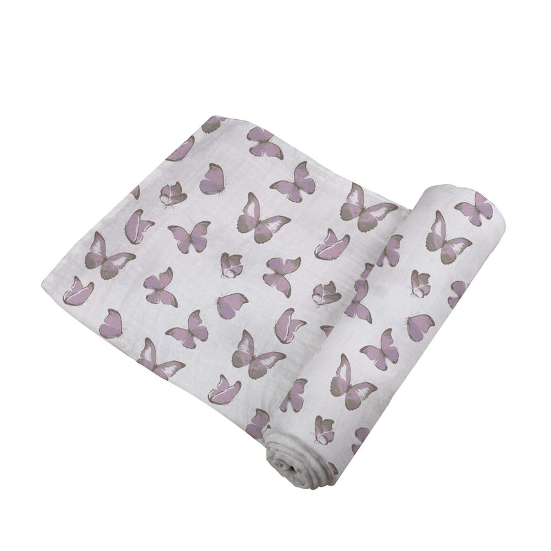Winsome Butterflies Swaddle made from 100% natural cotton muslin with butterfly design.