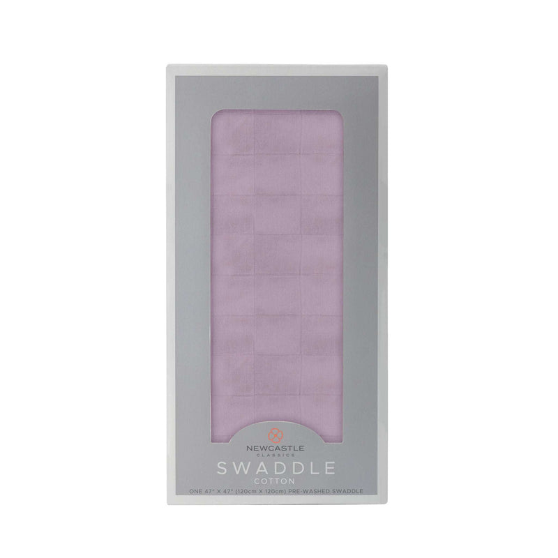 Orchid Lavender Swaddle in 100% natural cotton muslin, displayed in packaging, size 47"x47".