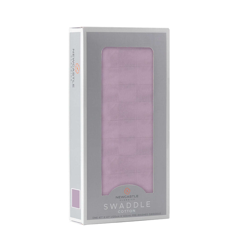 Orchid Lavender Swaddle in packaging, made of 100% natural cotton muslin, 47x47 inches.