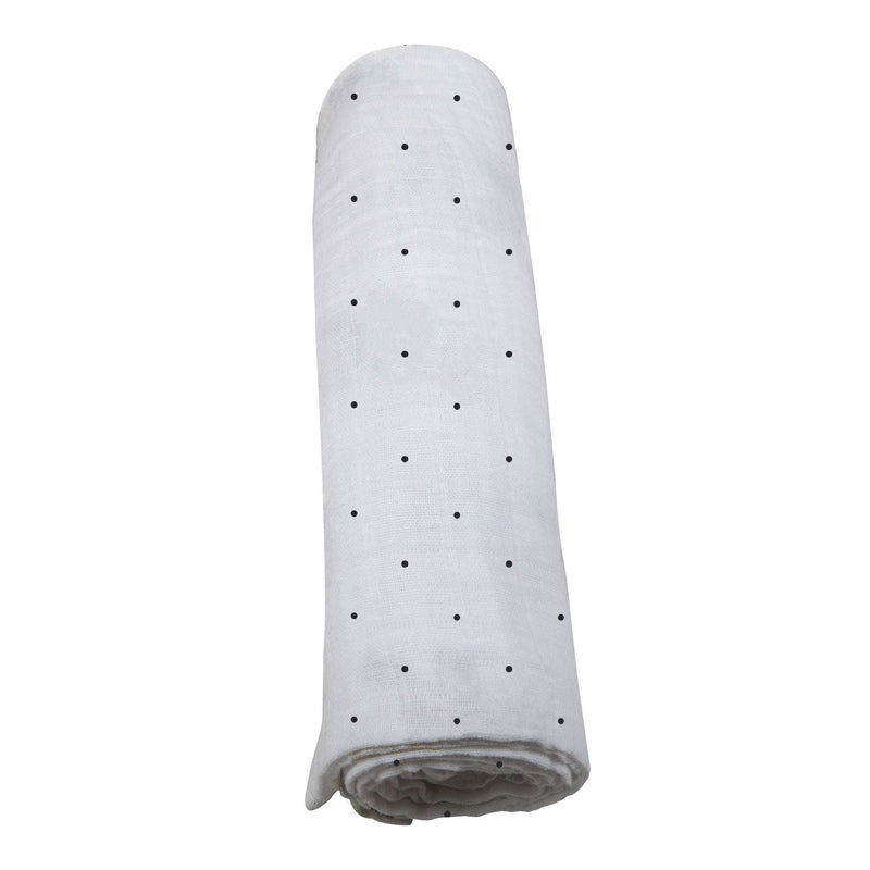 Black and white polka dot bamboo swaddle rolled up.