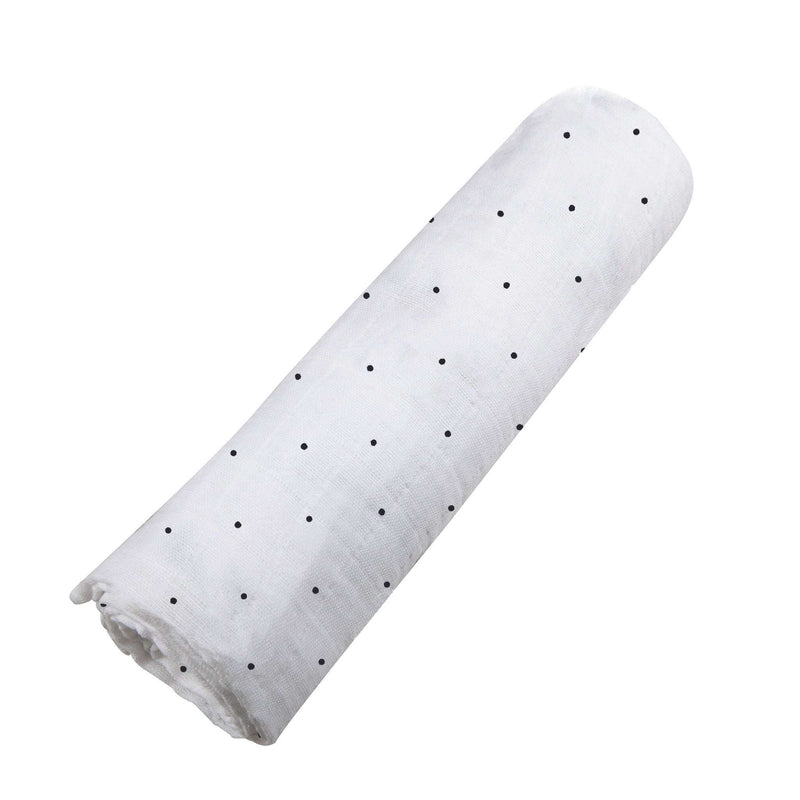 Black and white polka dot bamboo swaddle made from 100% natural muslin.