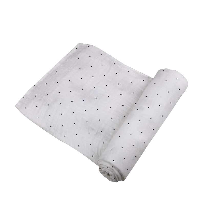 Black and white polka dot bamboo swaddle, 47x47 inches, breathable and soft muslin fabric.