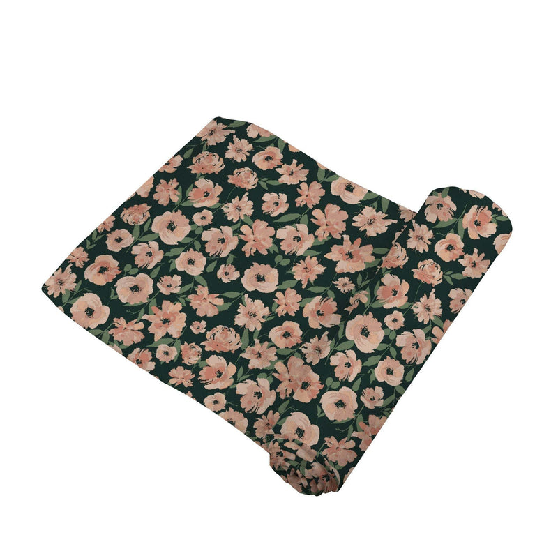Canyon Sunset Flowers bamboo swaddle with floral pattern, made from natural bamboo muslin, 47x47 inches.