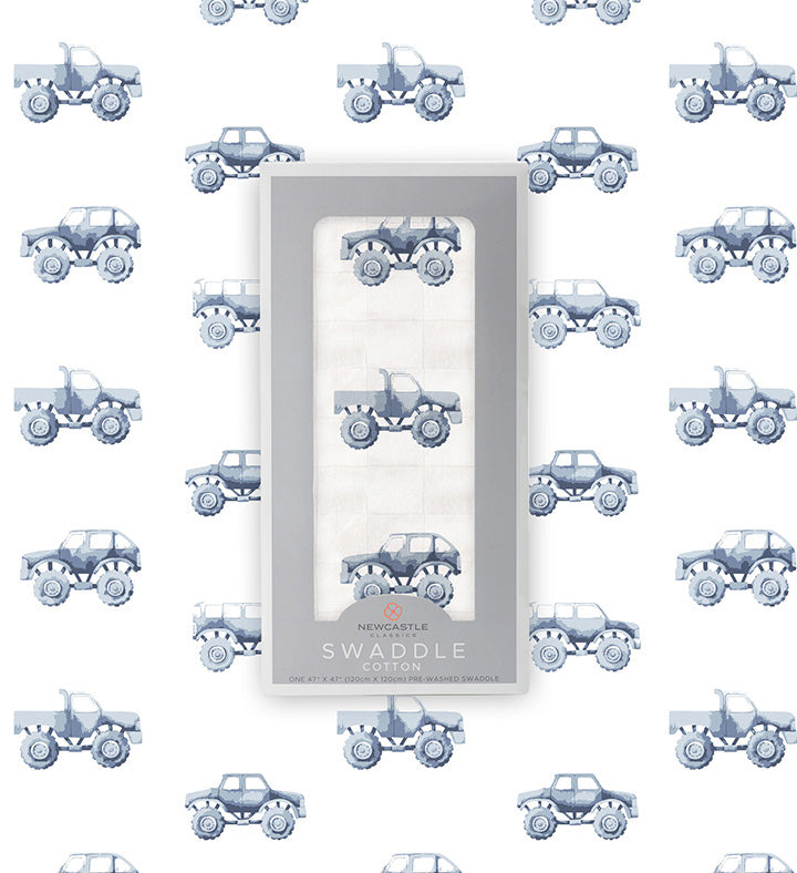 Newcastle Classics soft indigo monster trucks organic cotton baby swaddle.