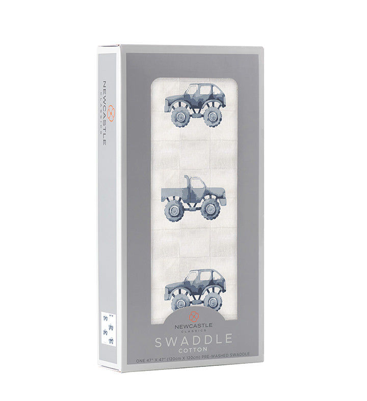 Newcastle Classics indigo monster trucks cotton swaddle.