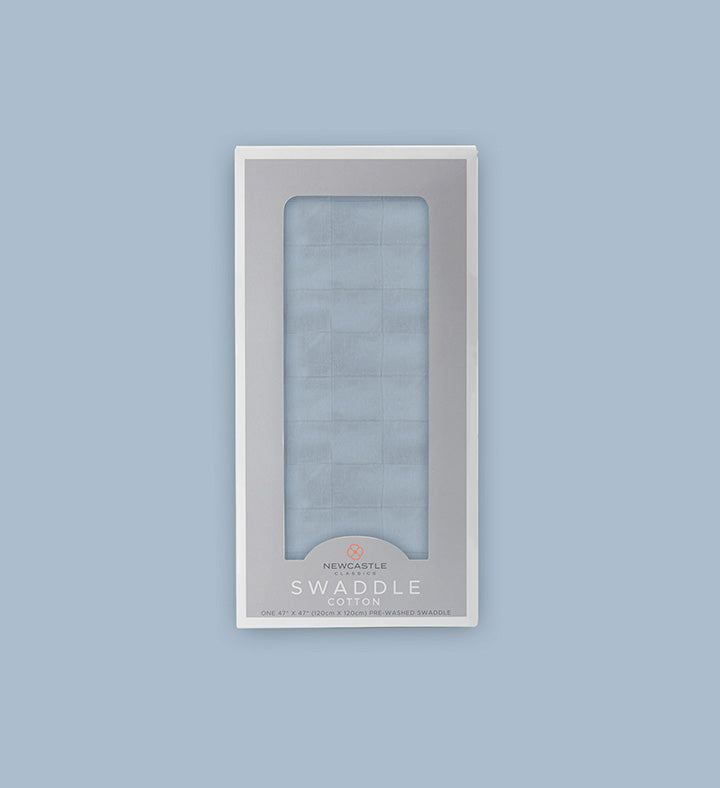 Blue Fog Cotton Swaddle in packaging, soft breathable 100% natural cotton muslin, 47" x 47".