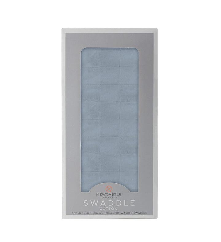 Blue Fog Cotton Swaddle in packaging, 100% natural cotton muslin, 47"x47".