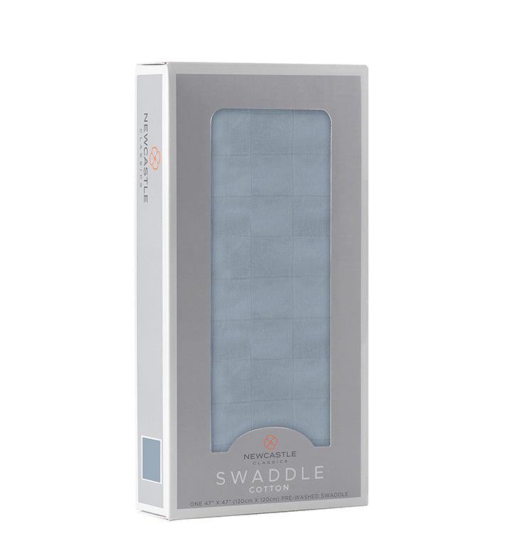 Blue Fog Cotton Swaddle in packaging, 100% natural cotton muslin, 47" x 47".