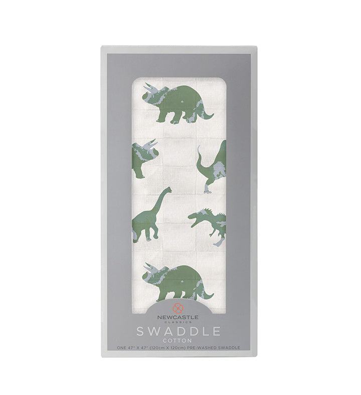 Granite Green Dinosaurs cotton swaddle in packaging, 100% natural cotton muslin.