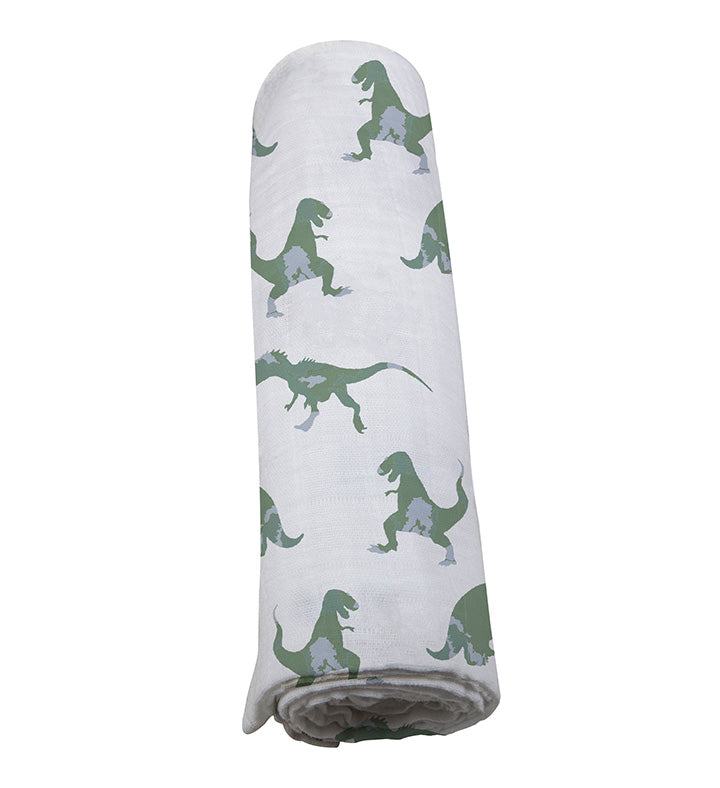 Granite Green Dinosaurs cotton swaddle with soft muslin fabric.