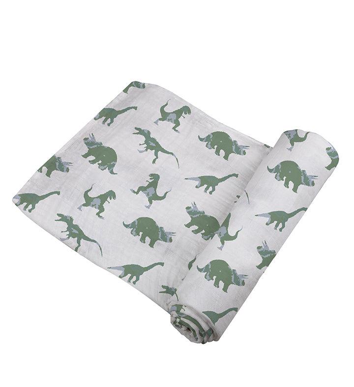 Granite green dinosaurs cotton muslin swaddle blanket.