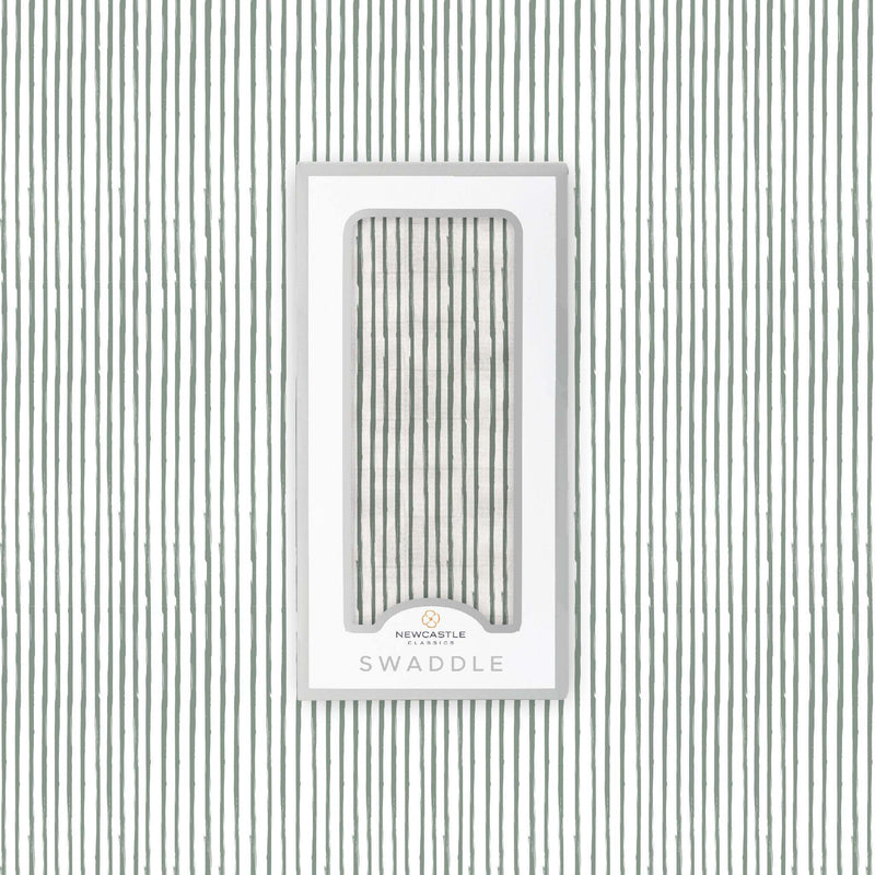 Sage green stripe bamboo swaddle in packaging, 100% natural bamboo muslin, 47" x 47".
