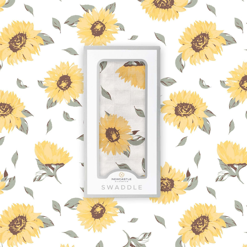 Sunflower Farm Bamboo Swaddle, soft natural bamboo muslin, sunflower pattern, 47x47 inches.