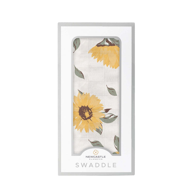 Sunflower Farm Bamboo Swaddle in packaging, soft natural bamboo muslin, 47" x 47".