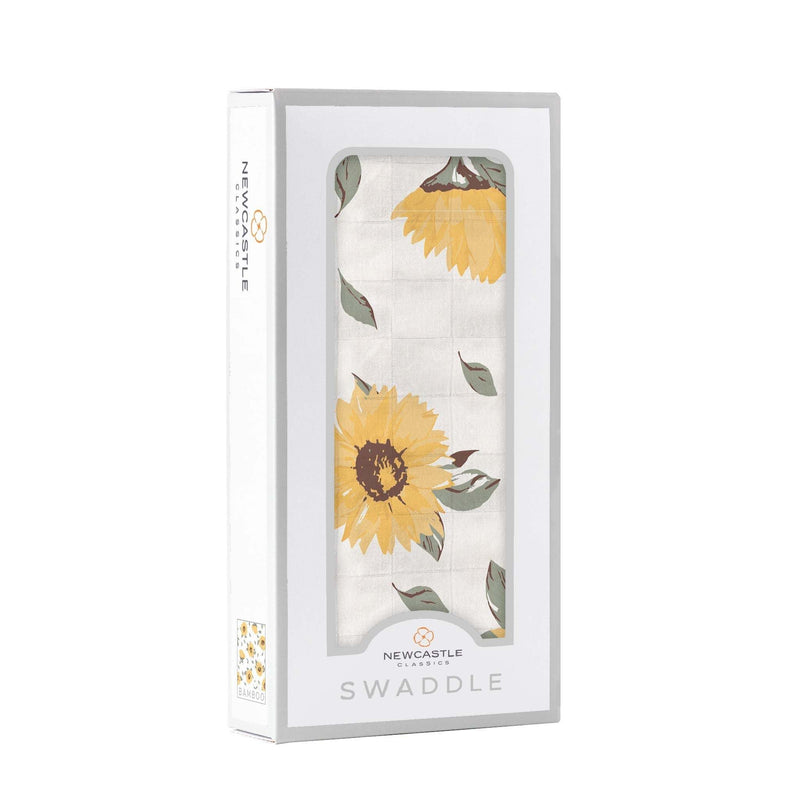 Sunflower Farm Bamboo Swaddle in packaging with sunflower design, 100% natural bamboo muslin.