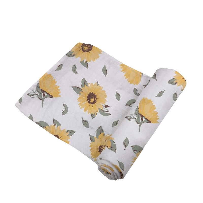 Sunflower Farm Bamboo Swaddle with sunflower pattern, made from 100% natural bamboo muslin, 47" x 47".