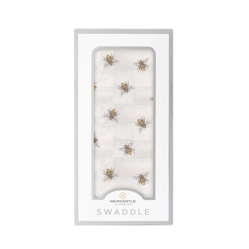 Honey Bee Bamboo Swaddle in packaging, 100% natural bamboo muslin.