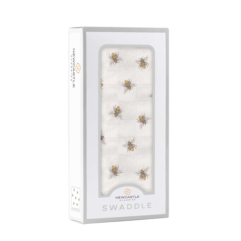 Honey Bee Bamboo Swaddle in packaging with honey bee design, made from soft natural bamboo muslin.