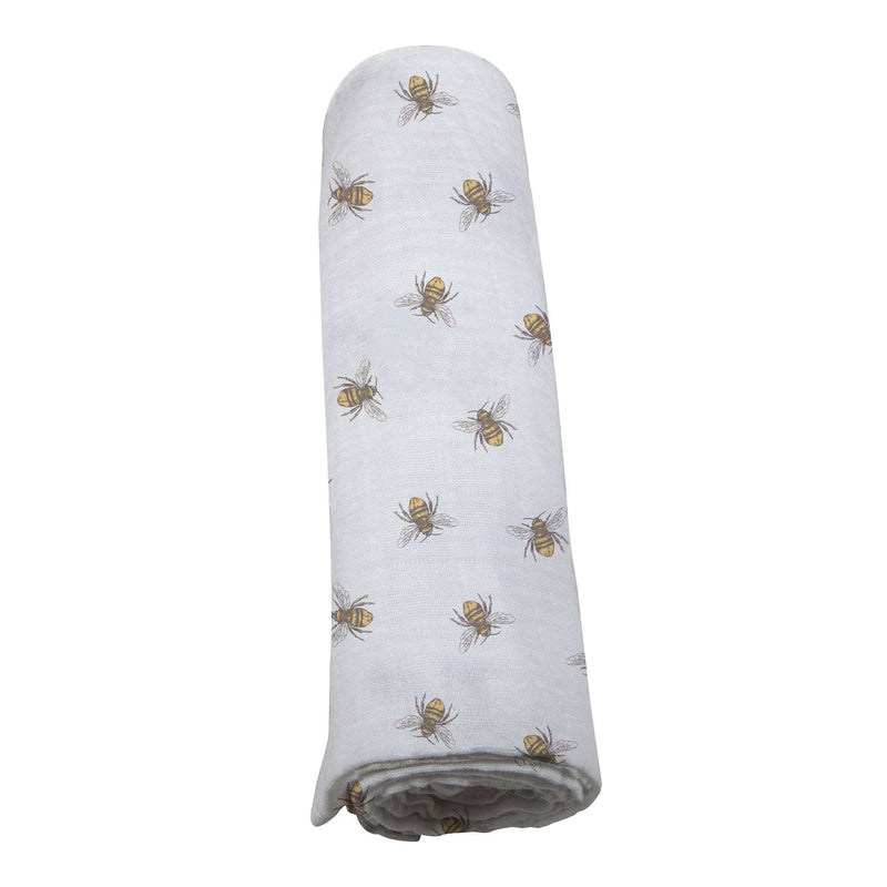 Honey Bee Bamboo Swaddle with bee print on rolled muslin fabric.