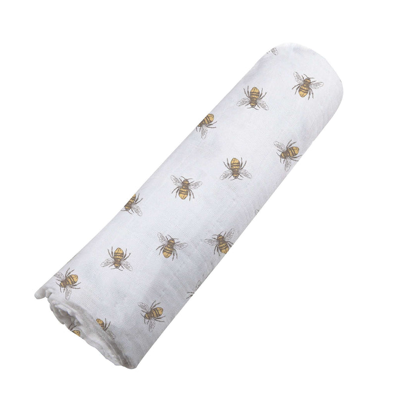 Honey Bee Bamboo Swaddle made of natural bamboo muslin, 47" x 47", with bee pattern.