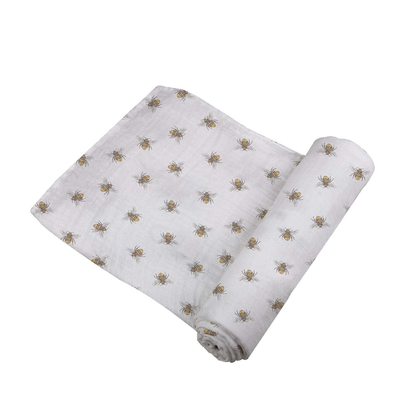 Honey Bee Bamboo Swaddle, soft natural bamboo muslin swaddle with bee pattern.