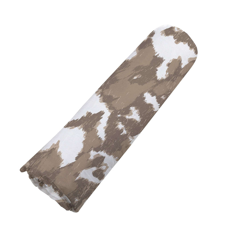 Yellowstone Cowhide Bamboo Swaddle made from natural bamboo muslin, 47" x 47". Soft, breathable, and versatile for nursing, changing, or tummy time.