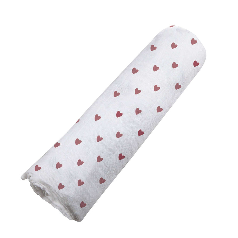 Two Hearts Bamboo Swaddle with red heart pattern, made from 100% natural bamboo muslin, 47x47 inches.