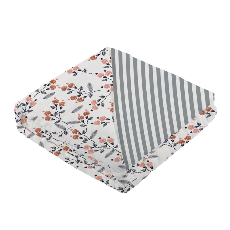 Dahlia Floral and Finley Stripe Bamboo Muslin Newcastle Blanket with natural bamboo fibers, 47" x 47".