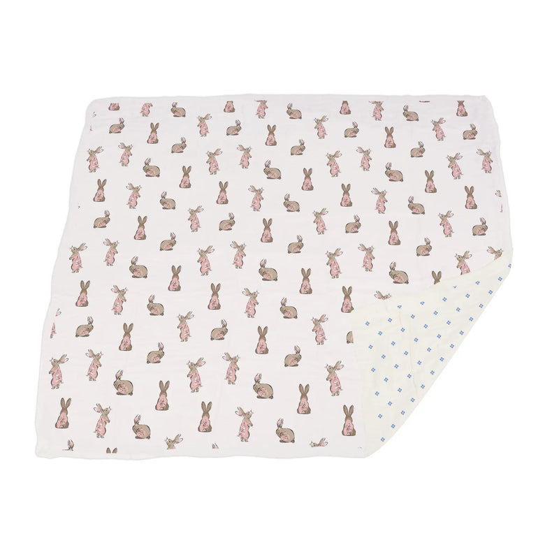 Powder pink bunnies and periwinkle diamond polka dot bamboo muslin blanket.