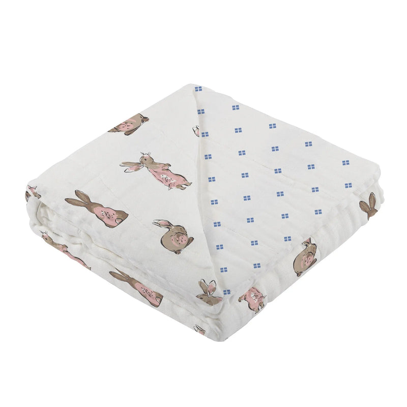 Powder Pink Bunnies bamboo muslin blanket with periwinkle diamond polka dot pattern.