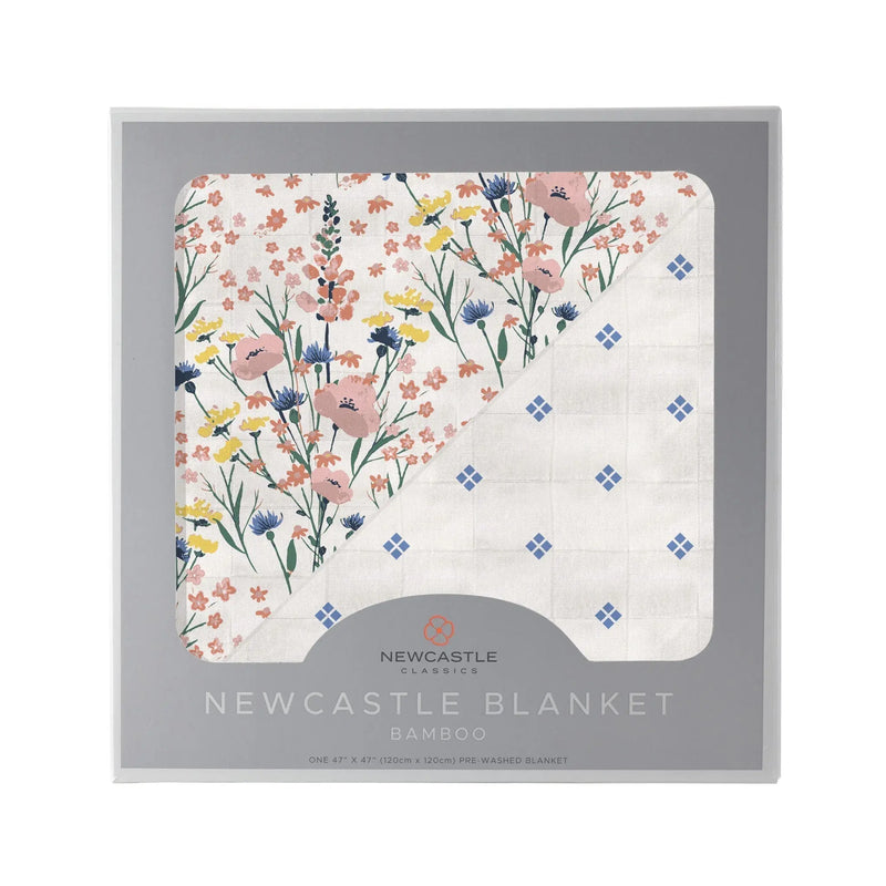 Wildflowers and Periwinkle Diamond Polka Dot Bamboo Newcastle Blanket in packaging.