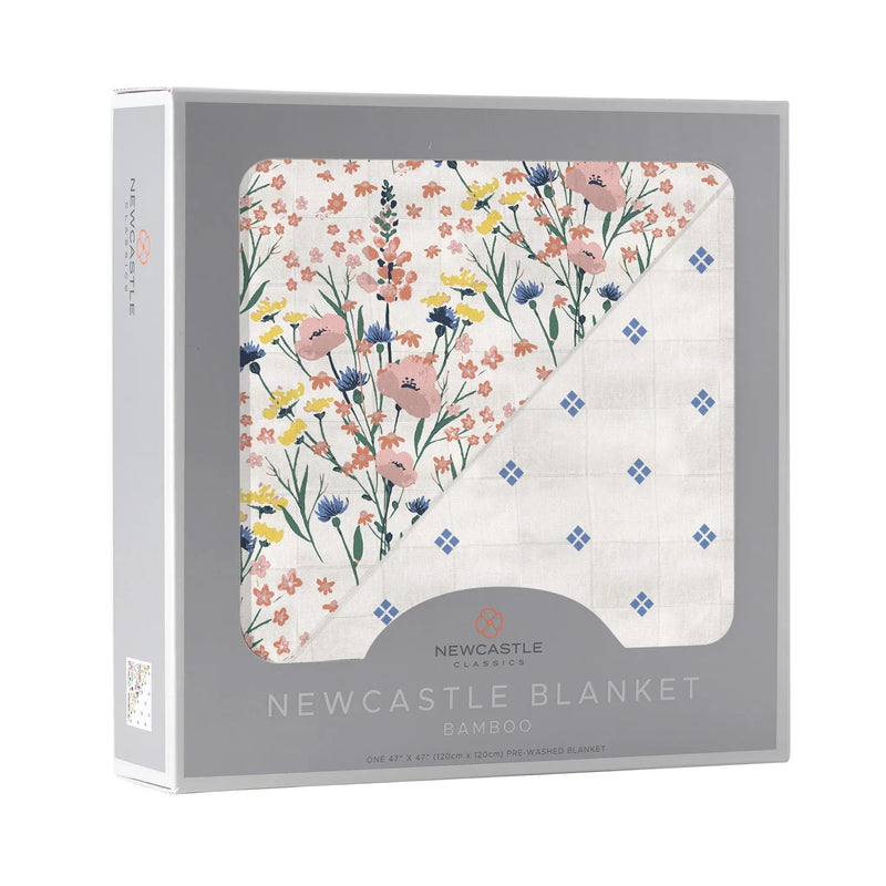 Wildflowers and Periwinkle Diamond Polka Dot Bamboo Newcastle Blanket in packaging