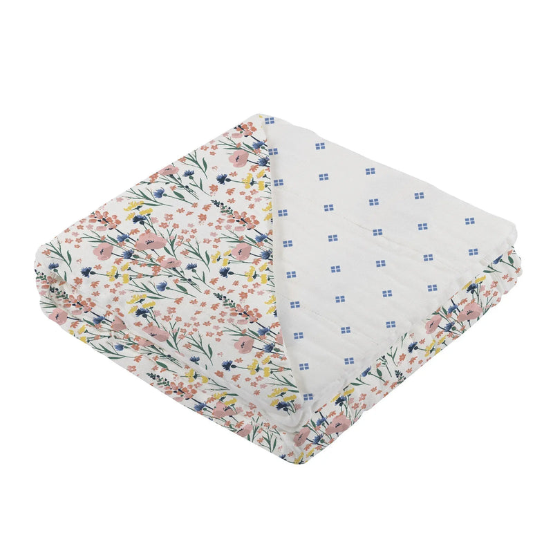 Wildflowers and Periwinkle bamboo muslin blanket with diamond polka dot design, 47x47 inches.